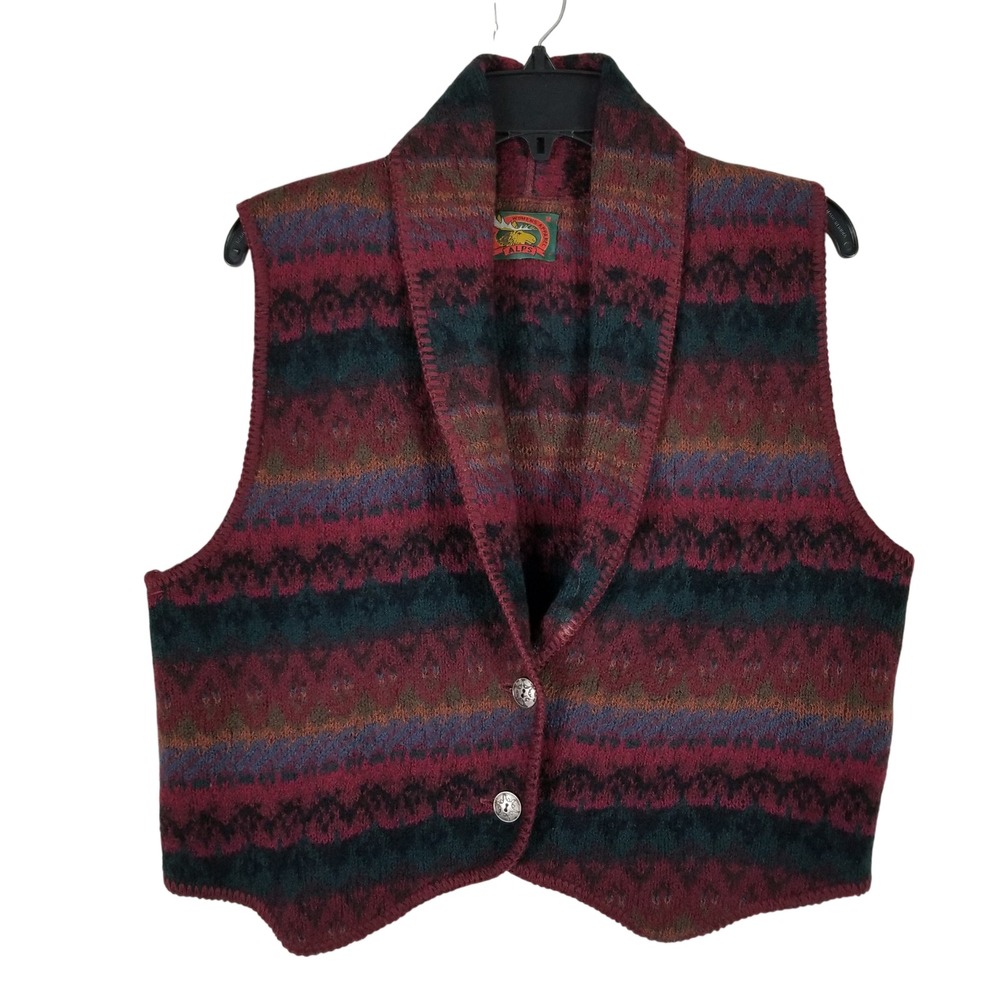 Alps Sweater Vest Womens Medium Burgundy Fair Isle Shawl Collar Vintage Knit